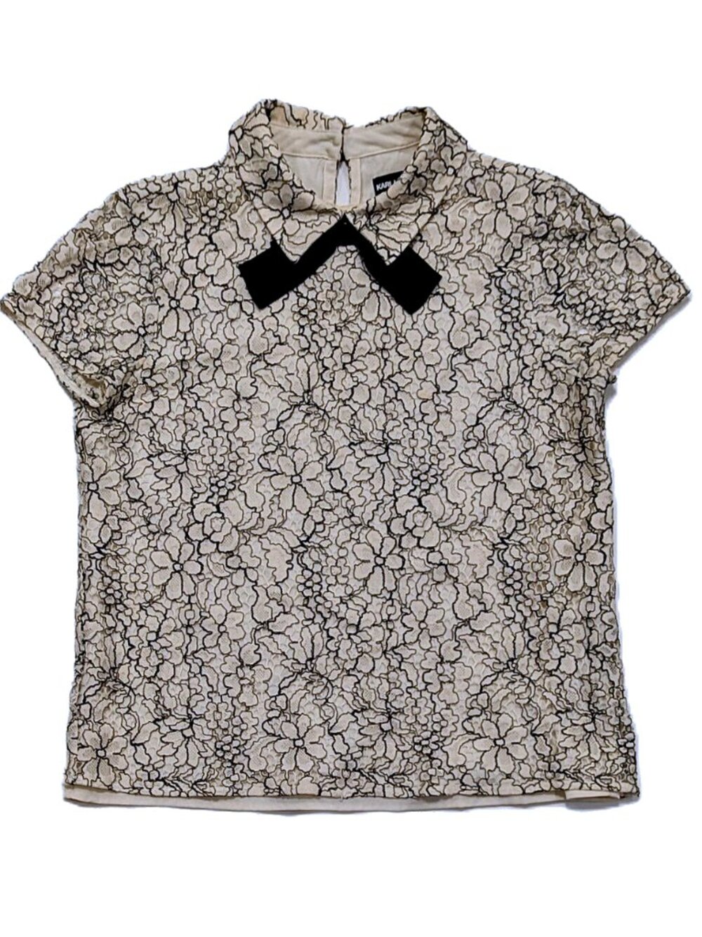 Karl Lagerfeld Cream w/ Black Lace Overlay Blouse SZ 4